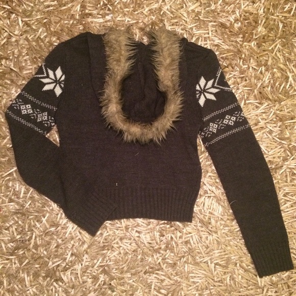 Button up Fur-hooded grey sweater - Picture 2 of 3